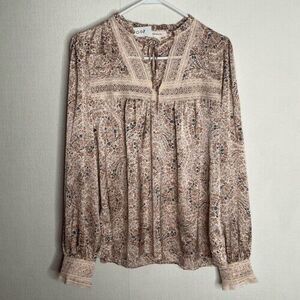 NWOT Tamara H Lace Trim Blouse Top Women Size Large Brown Satin Pullover Blouson